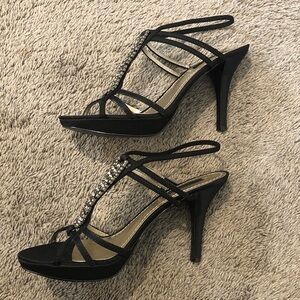 Size 8 Nine West Black and Gold High Heel Rhinestone Strappy Sandals Prom Formal